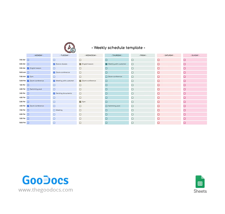 Programme hebdomadaire coloré - free Google Docs Template - 10063014