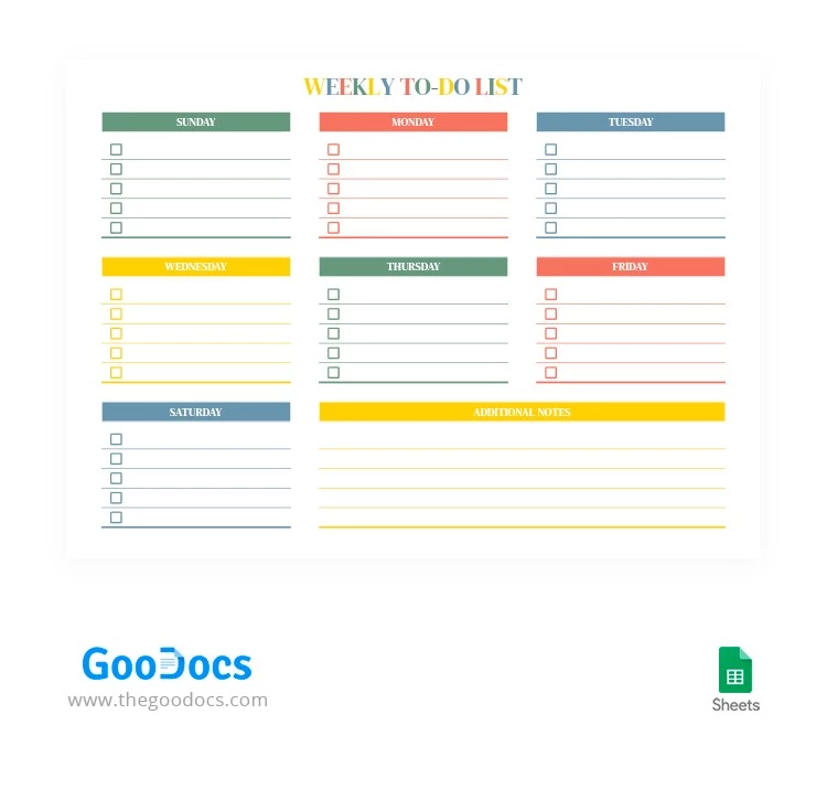 Lista de tarefas semanal colorida - free Google Docs Template - 10064385