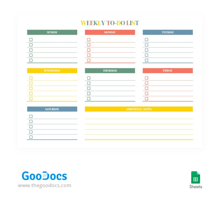 彩色的每周待办事项清单 - free Google Docs Template - 10064385