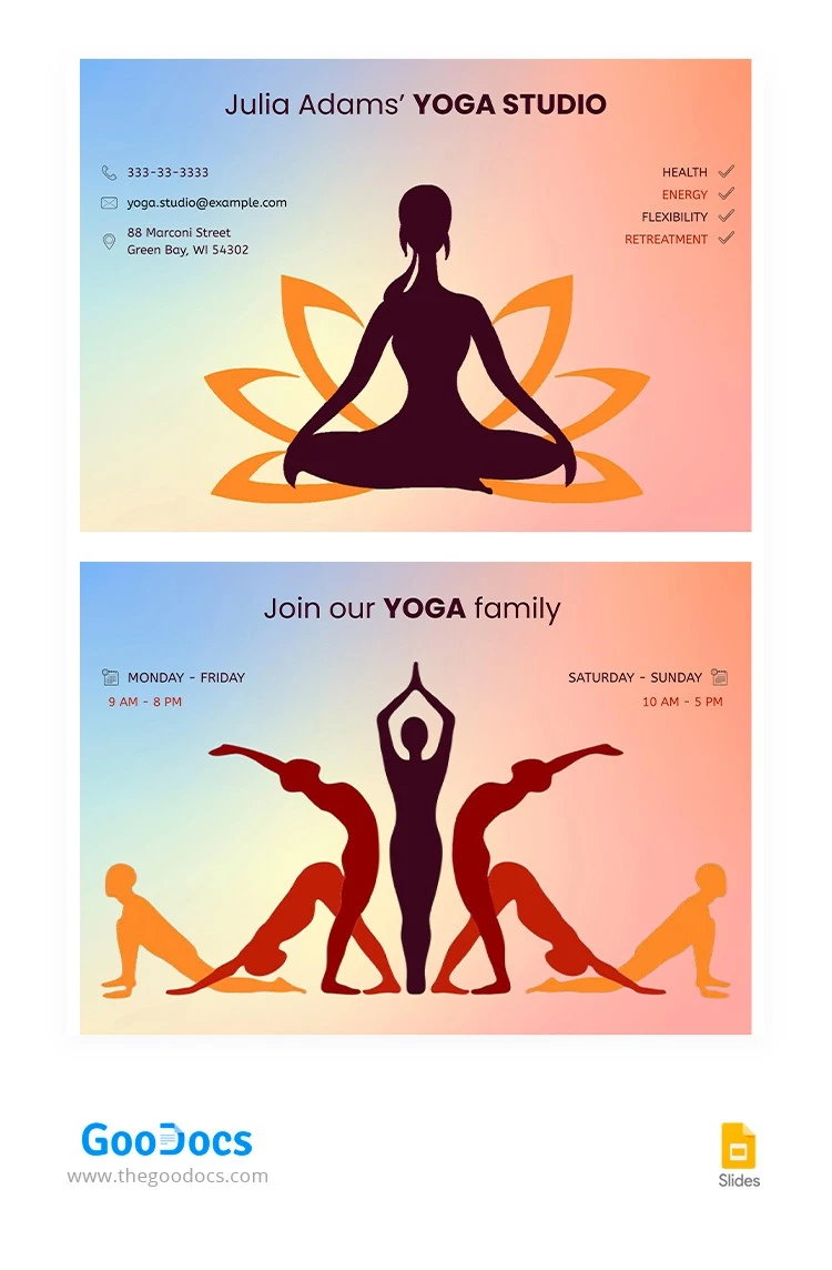 Biglietto da visita colorato di yoga - free Google Docs Template - 10065132