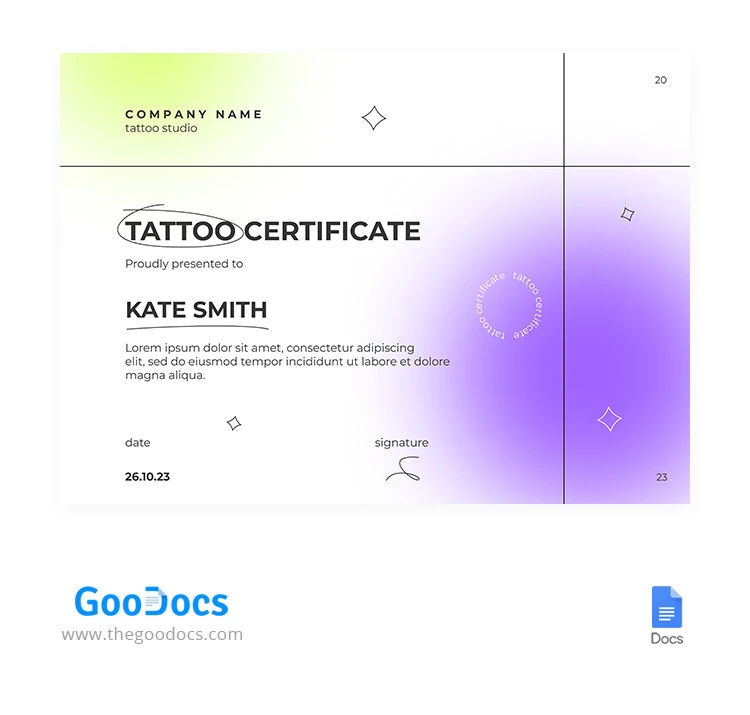 Certificado de Tatuaje Colorido - free Google Docs Template - 10065499