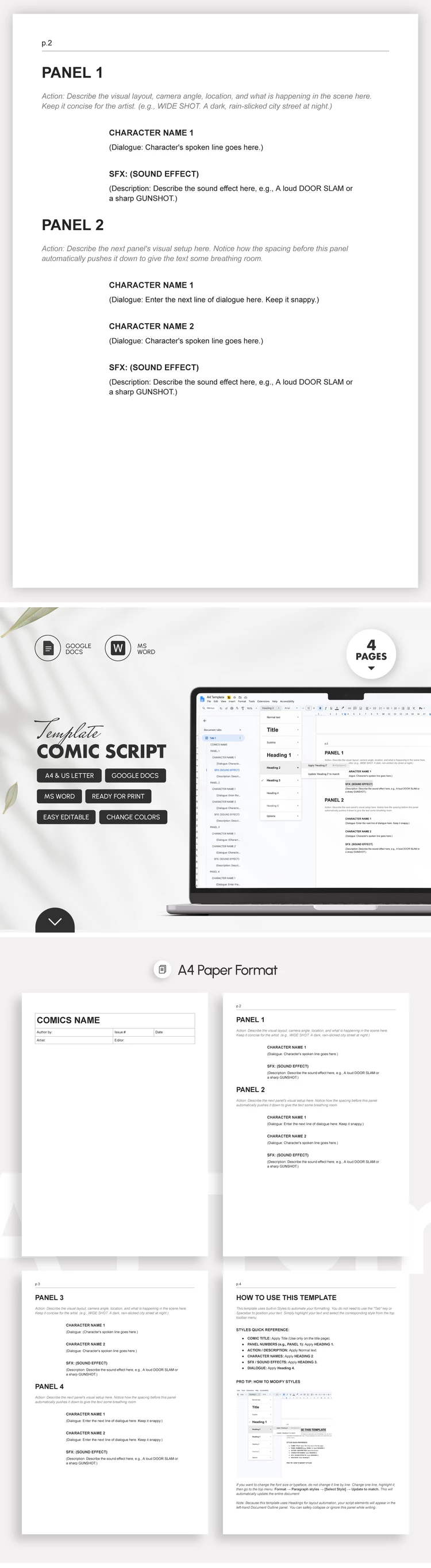 Preview of Comic Script Template for Google Docs and Microsoft Word