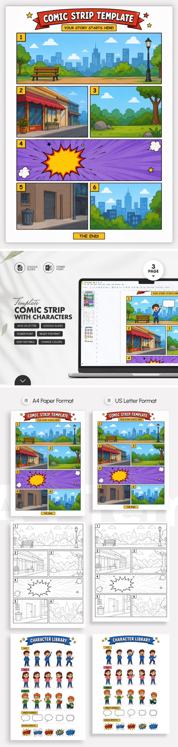 Free Comic Strip Template with Characters In Google Slides