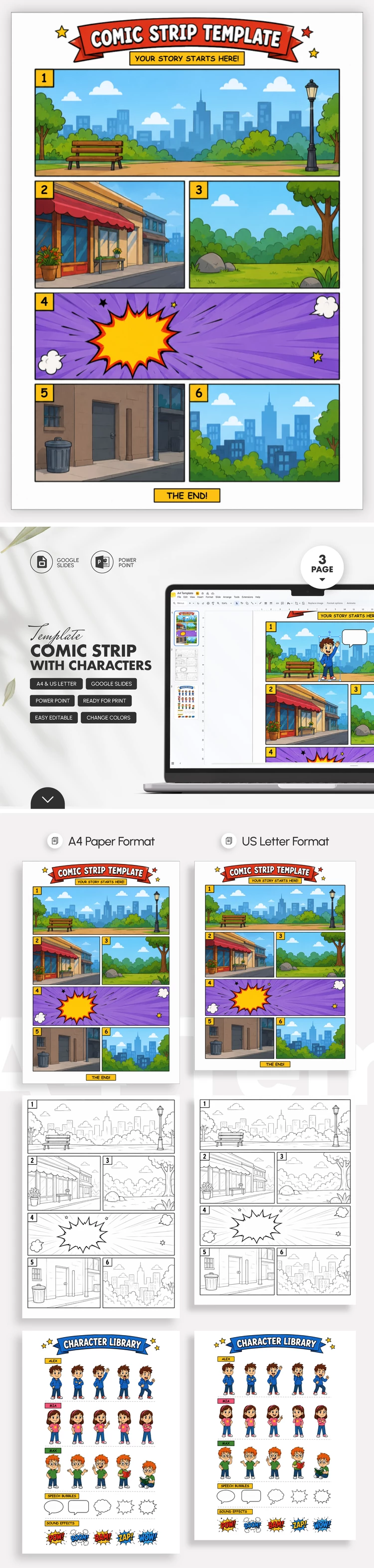 Preview of Comic Strip Template with Characters for Google Slides and Microsoft PowerPoint