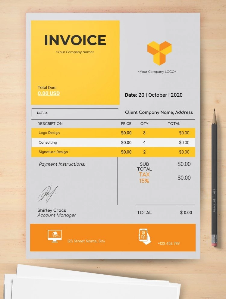 Fatura da Empresa Amarela e Laranja - free Google Docs Template - 10061539