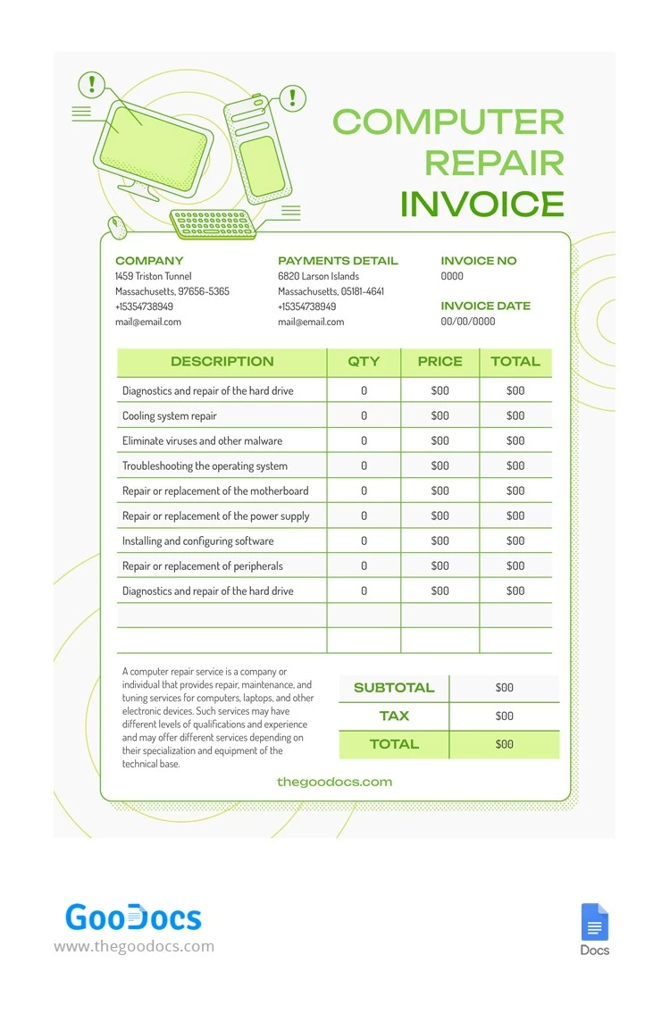 Computer Repair Invoice - free Google Docs Template - 10065788