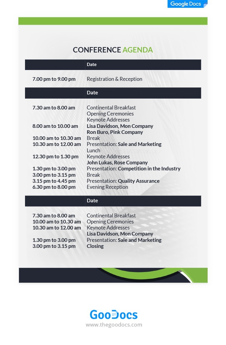 White Professional Conference Agenda Template in Google Docs and Microsoft Word | thegoodocs.com