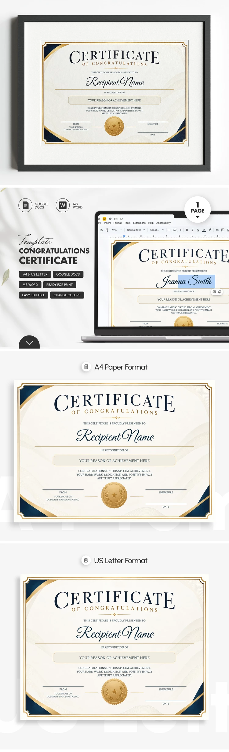 Pré-visualização de Modelo de Certificado de Parabéns para Google Docs and Microsoft Word