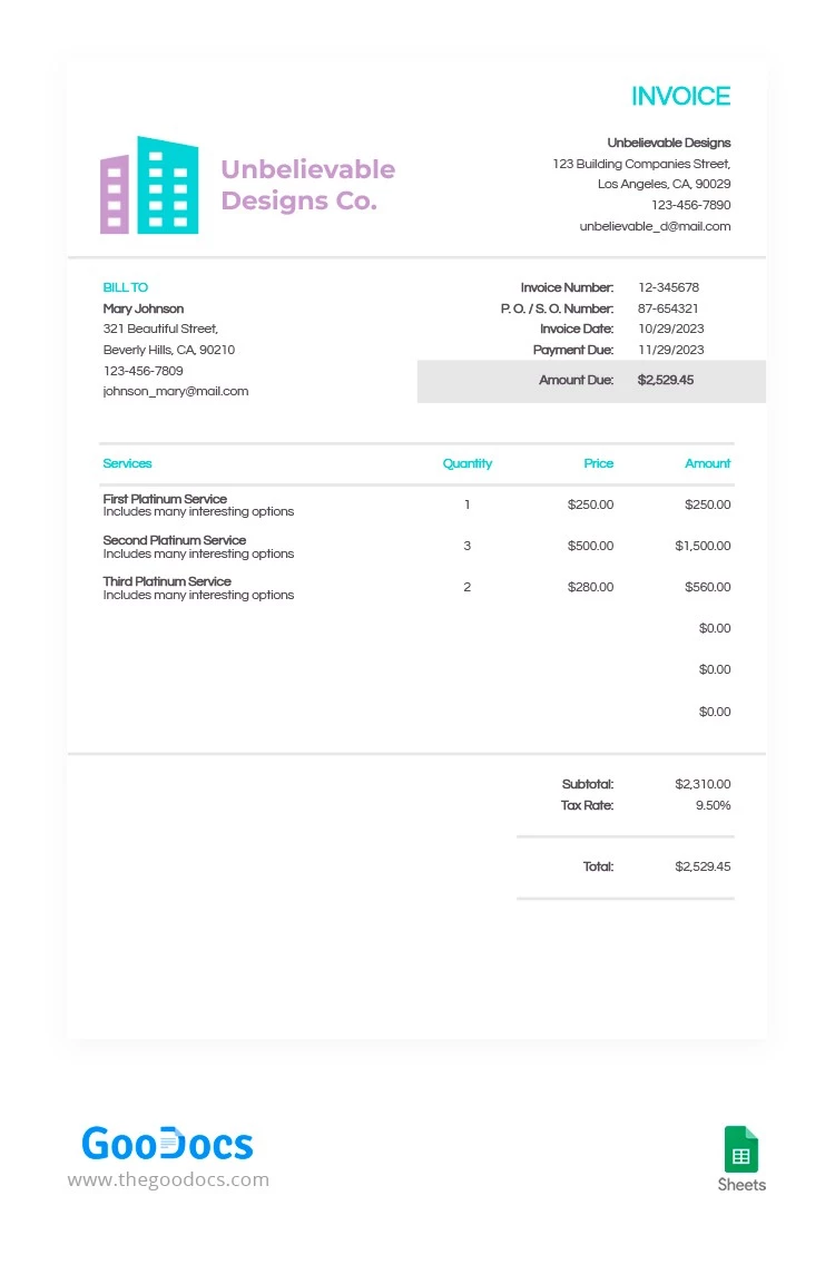 Construction Design Services Sheet Invoice - free Google Docs Template - 10063944