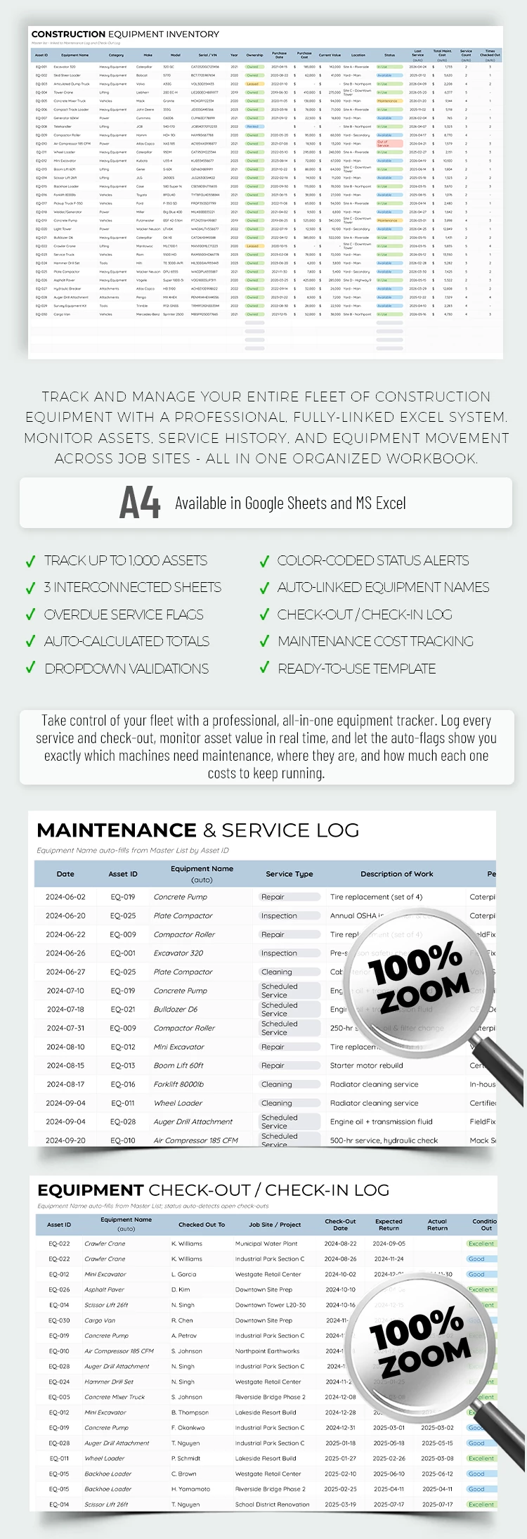 Preview of Construction Equipment Inventory Template for Google Sheets and Microsoft Excel