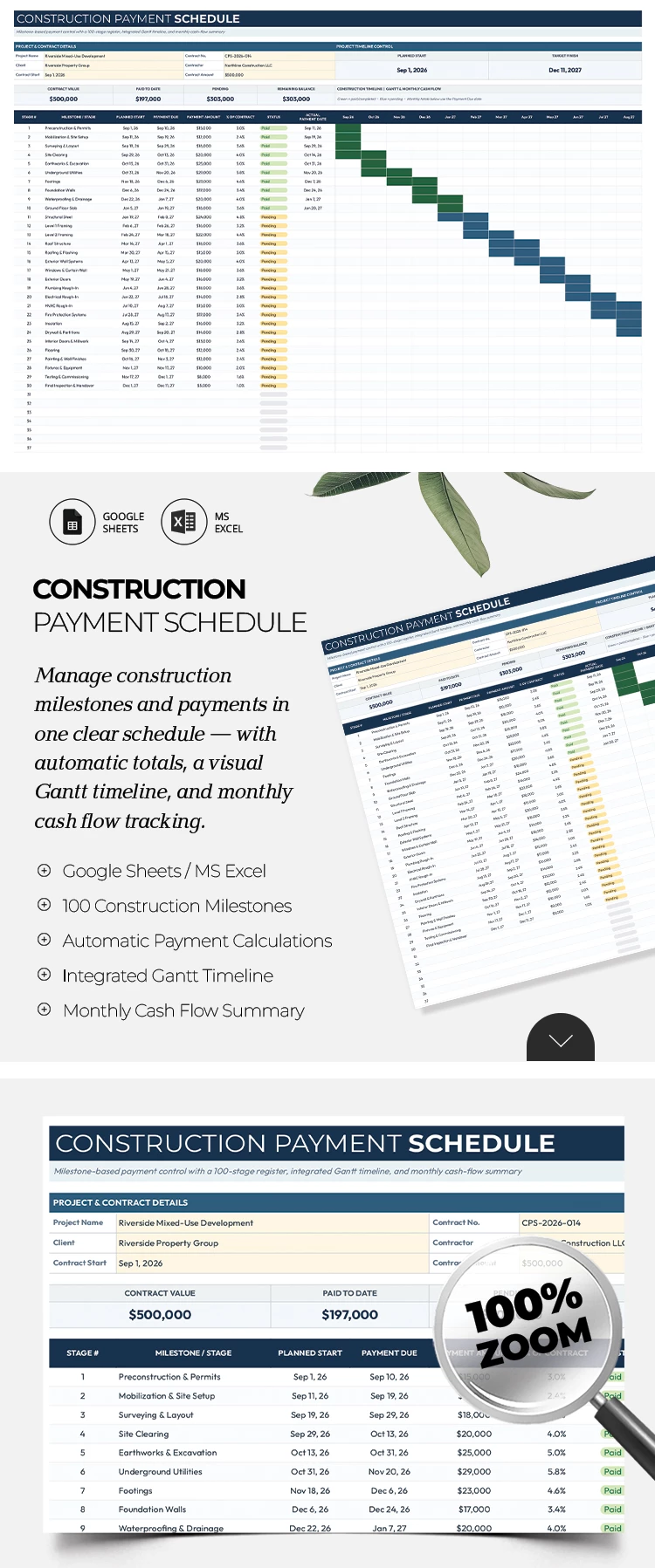 Preview of Construction Payment Schedule Template for Google Sheets and Microsoft Excel