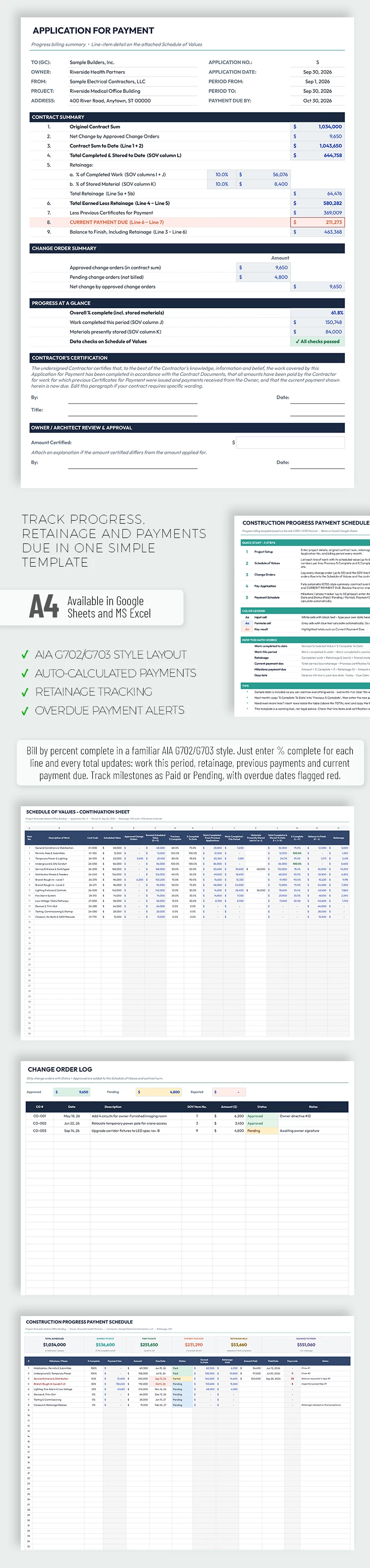 Anteprima di Modello di programma di pagamento per avanzamento lavori di costruzione per Google Sheets and Microsoft Excel