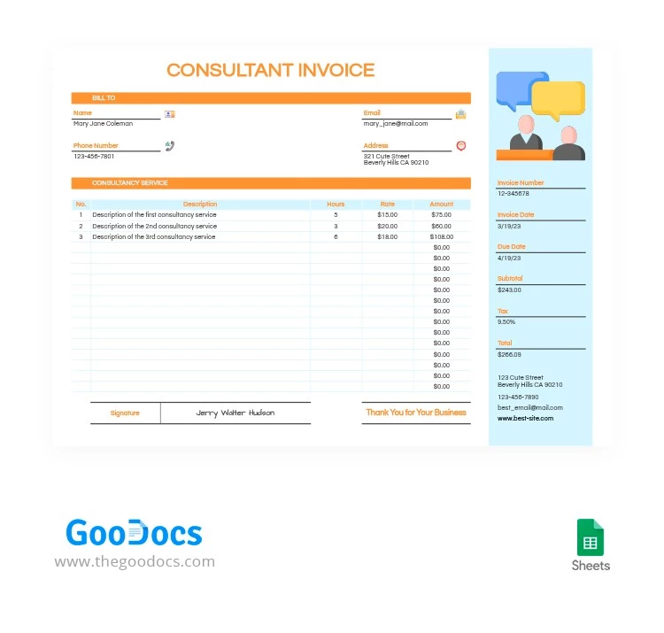 Consultancy Services Sheet Invoice - free Google Docs Template - 10063943