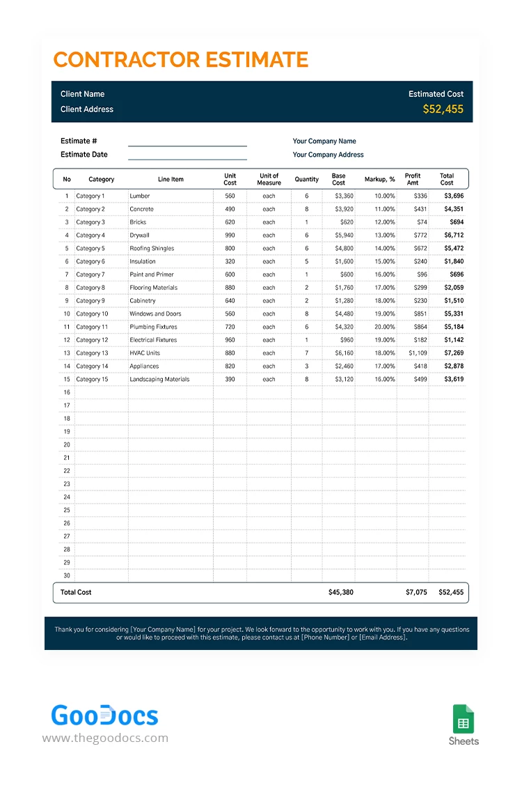 Orçamento de empreiteiro - free Google Docs Template - 10067149