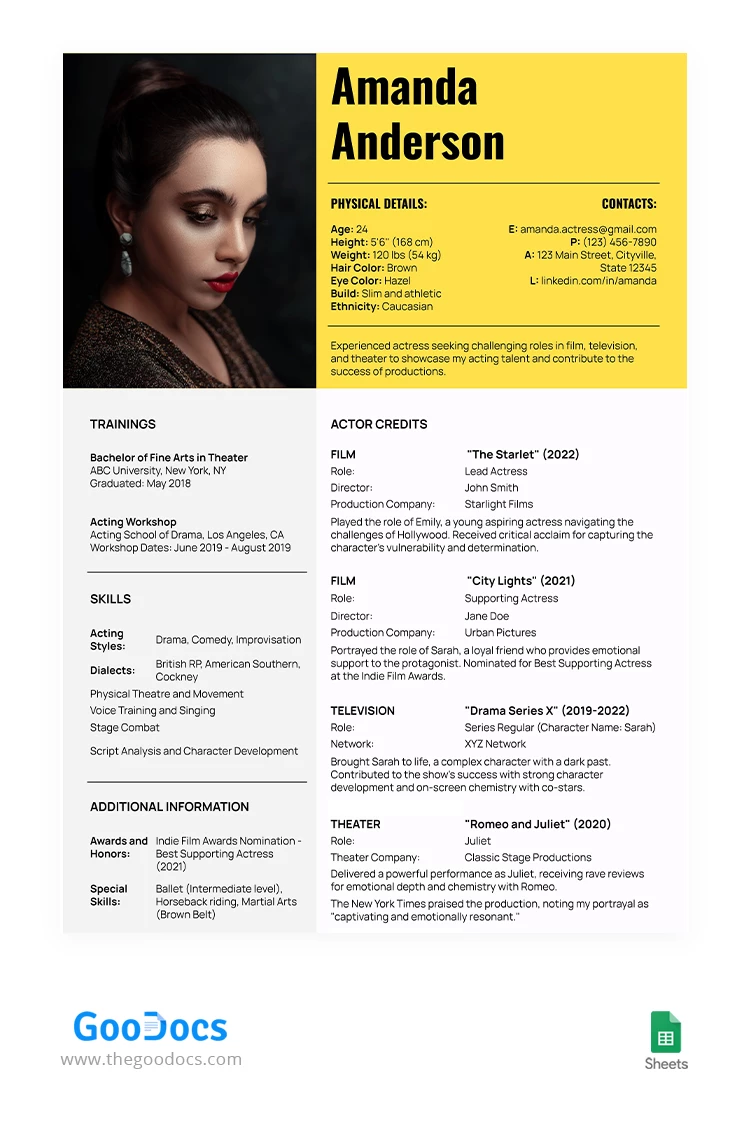 Contrast Actor Resume - free Google Docs Template - 10067070