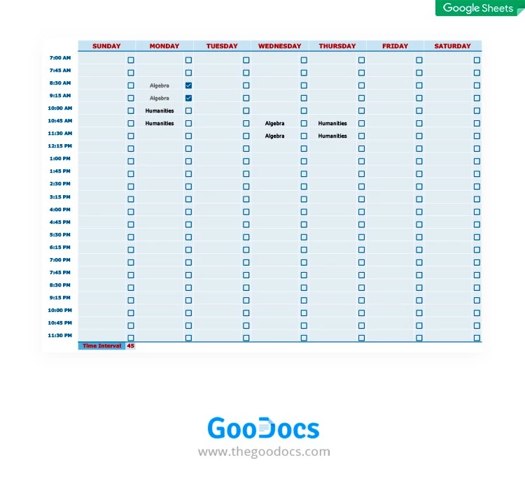 Convenient Class Schedule - free Google Docs Template - 10062058