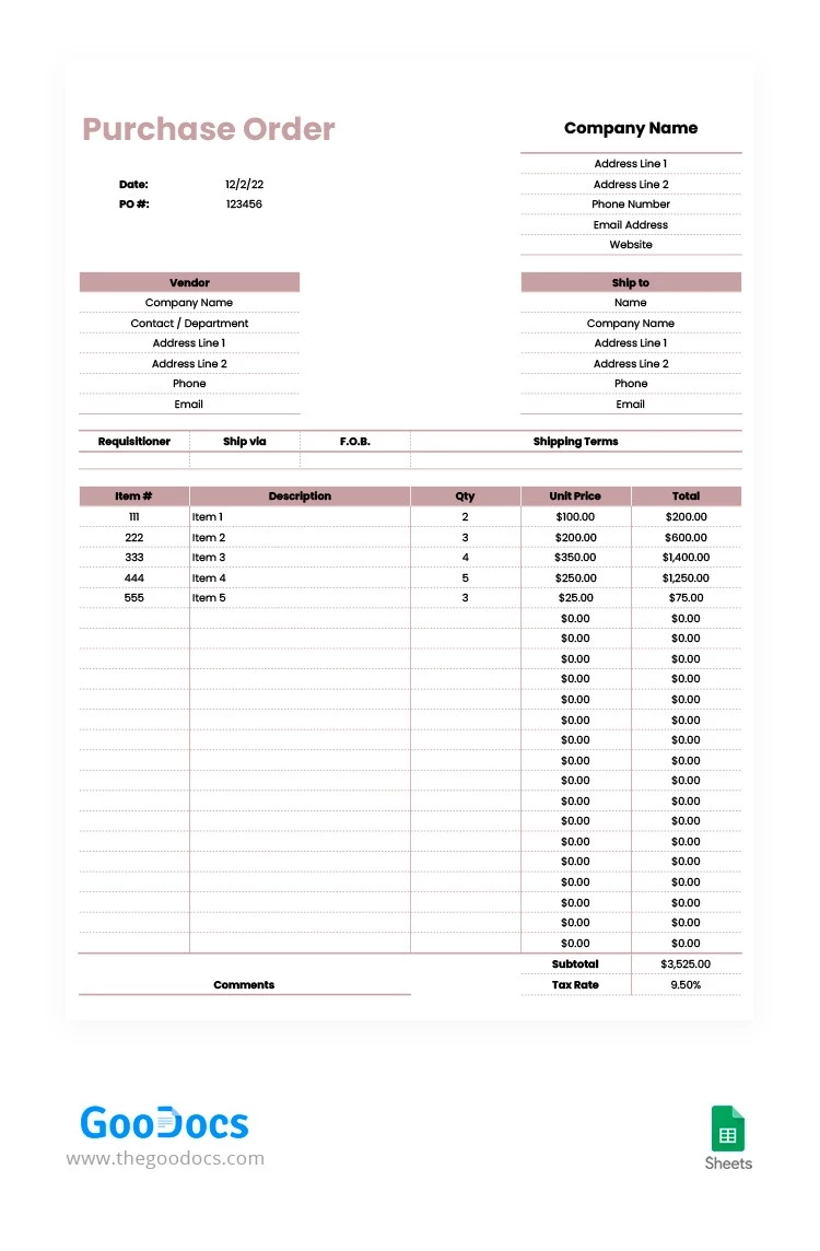 Convenient Purchase Order - free Google Docs Template - 10062751
