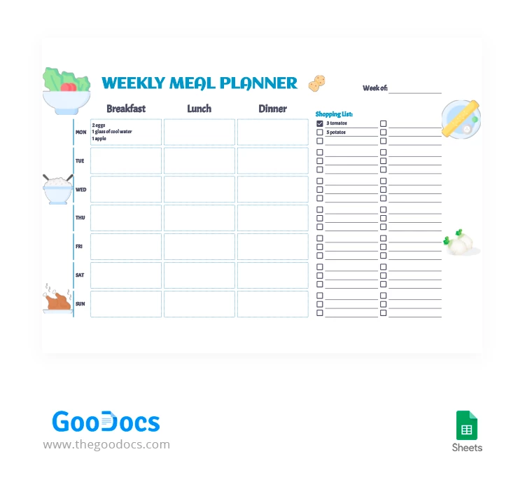 Planejador de refeições semanal conveniente - free Google Docs Template - 10062494