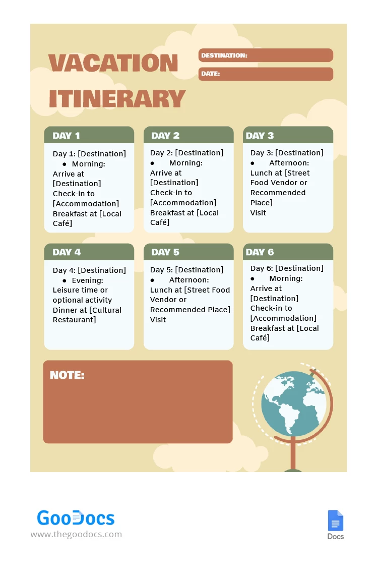 Itinerario di vacanza interessante - free Google Docs Template - 10067511