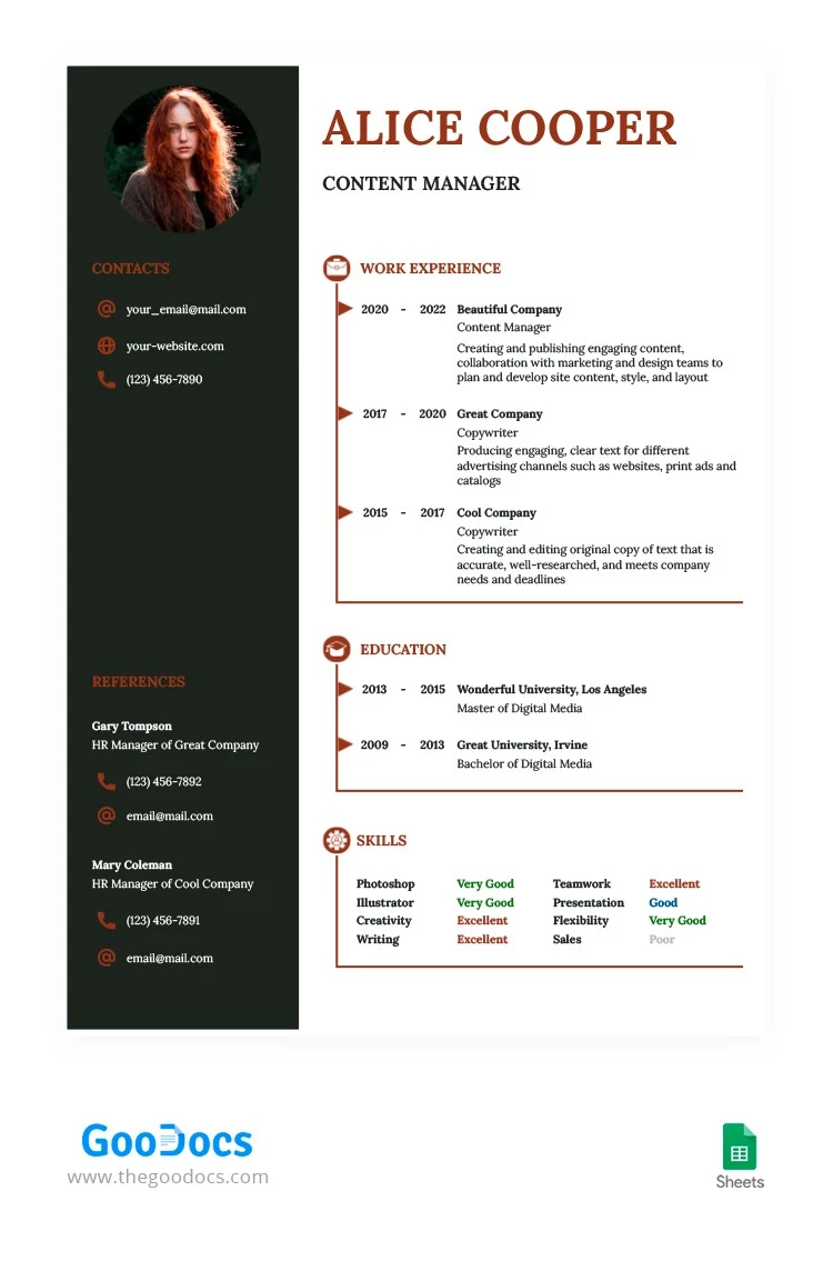 Copper and Green CV Template - free Google Docs Template - 10063733