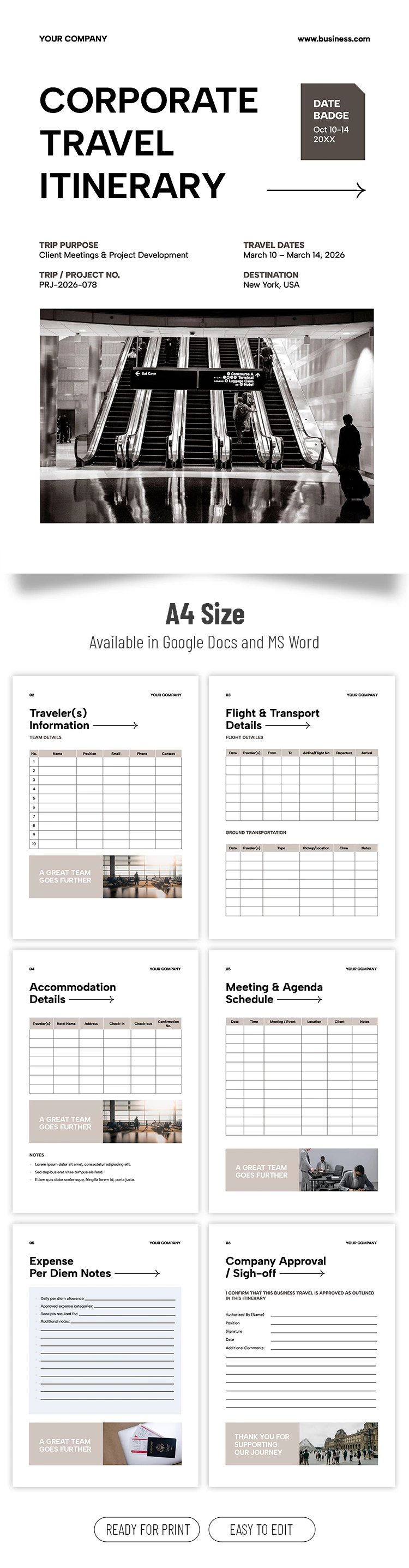 Preview of Corporate Travel Itinerary Template for Google Docs and Microsoft Word