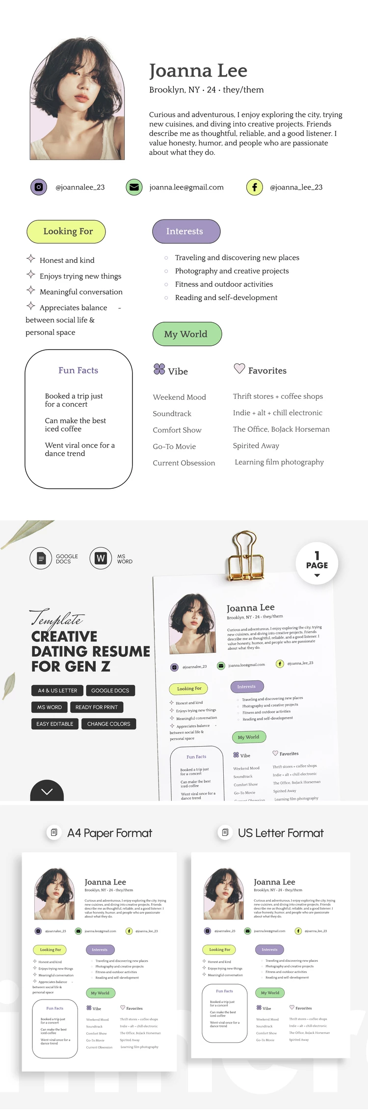 Plantilla creativa de currículum para citas para la Generación Z - free Google Docs Template - 10071732