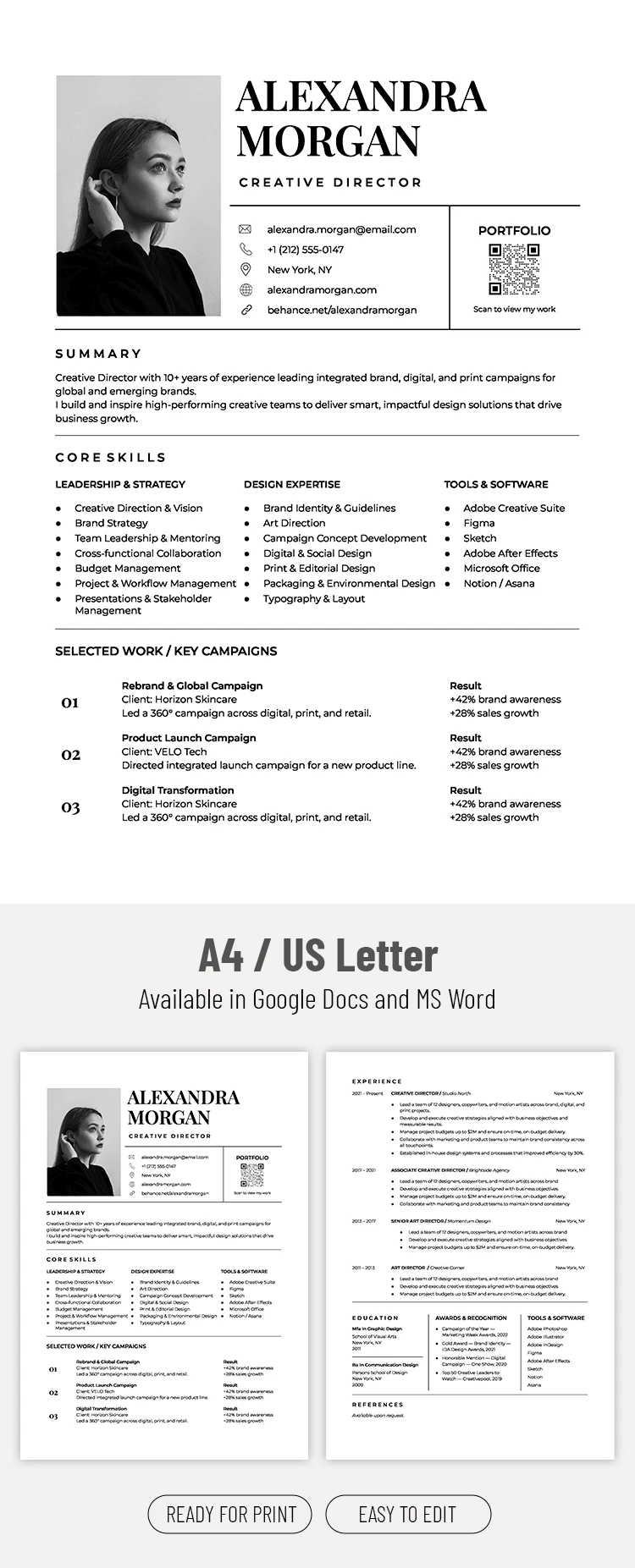 Preview of Creative Director Resume Template for Google Docs and Microsoft Word