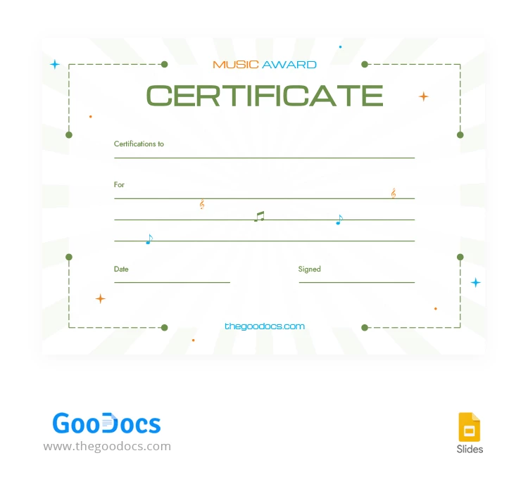 Certificato del premio Creative Music - free Google Docs Template - 10068372