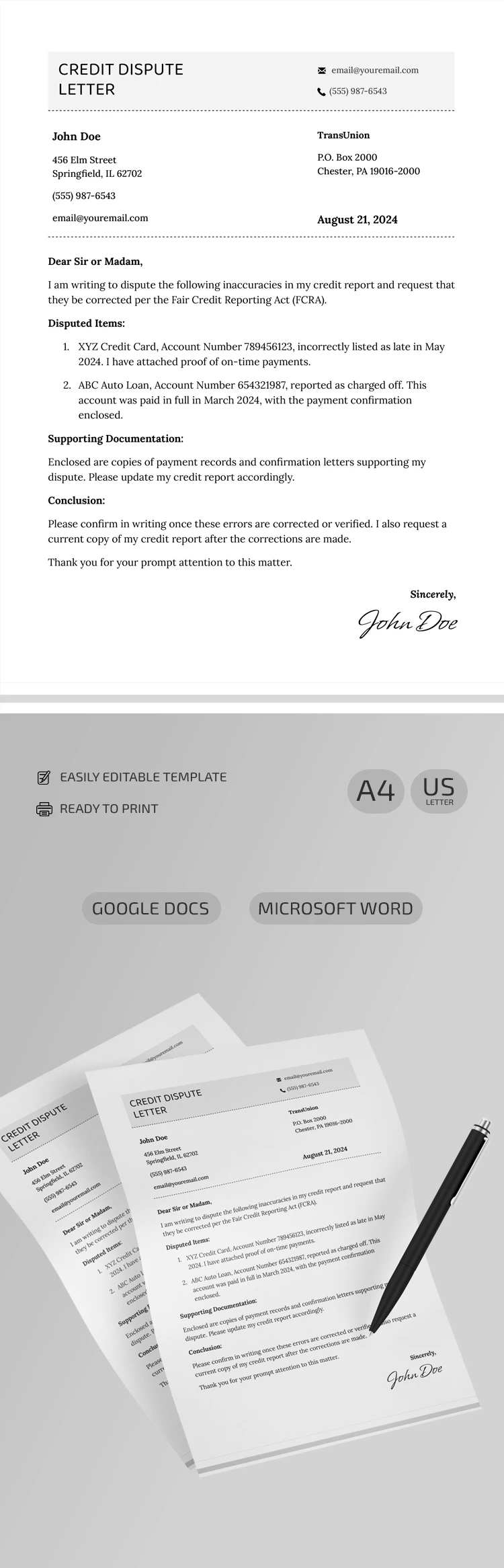 Lettera di contestazione del credito - free Google Docs Template - 10069190