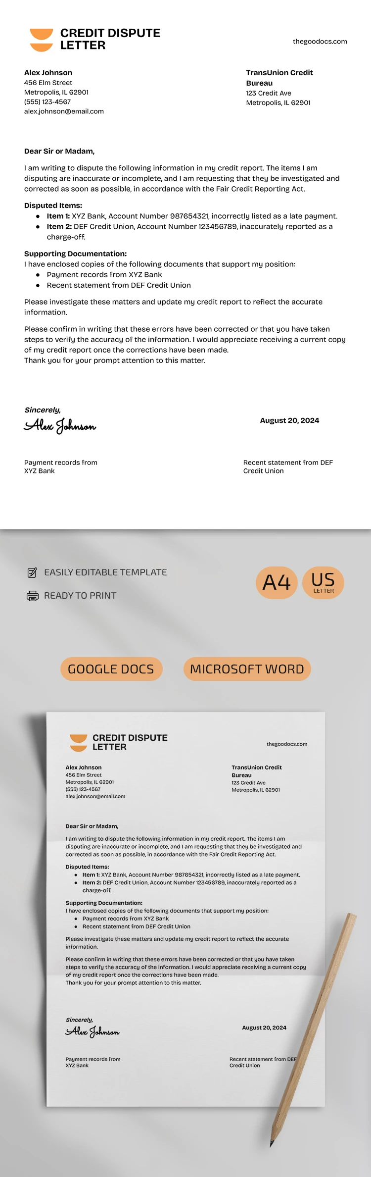 Lettera professionale di contestazione del credito - free Google Docs Template - 10069246