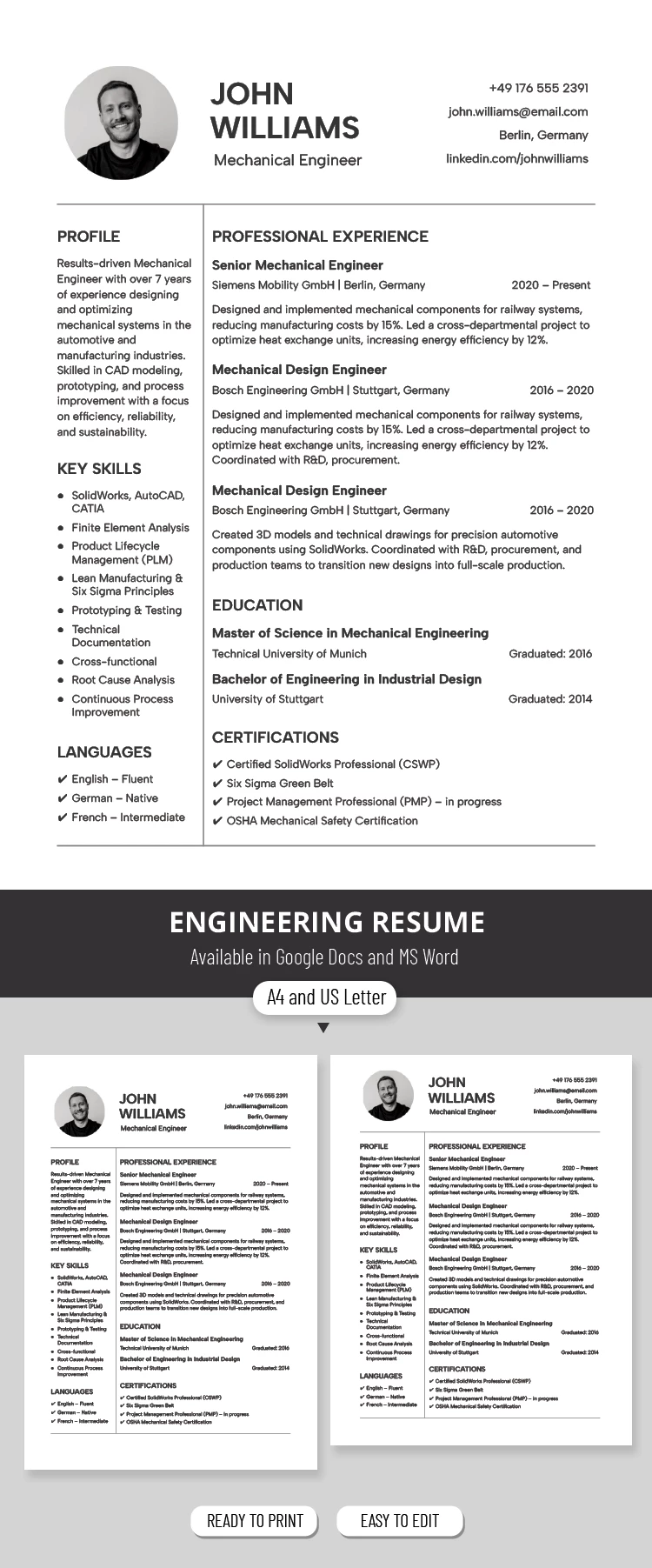 Customizable Engineering Resume Template - free Google Docs Template - 10072051