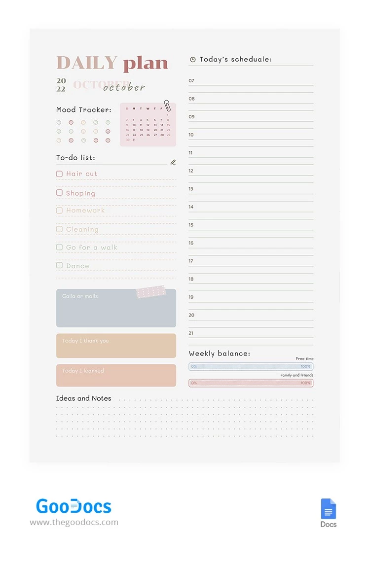 Agenda quotidien simple et imprimable de couleur blanche. - free Google Docs Template - 10064637