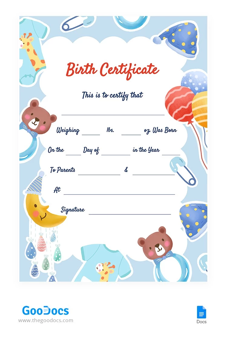 Certificado de nascimento fofo - free Google Docs Template - 10065122