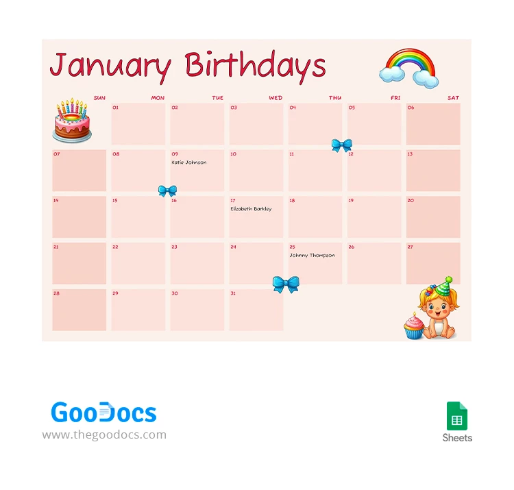 Calendário de Aniversário Fofo - free Google Docs Template - 10068451