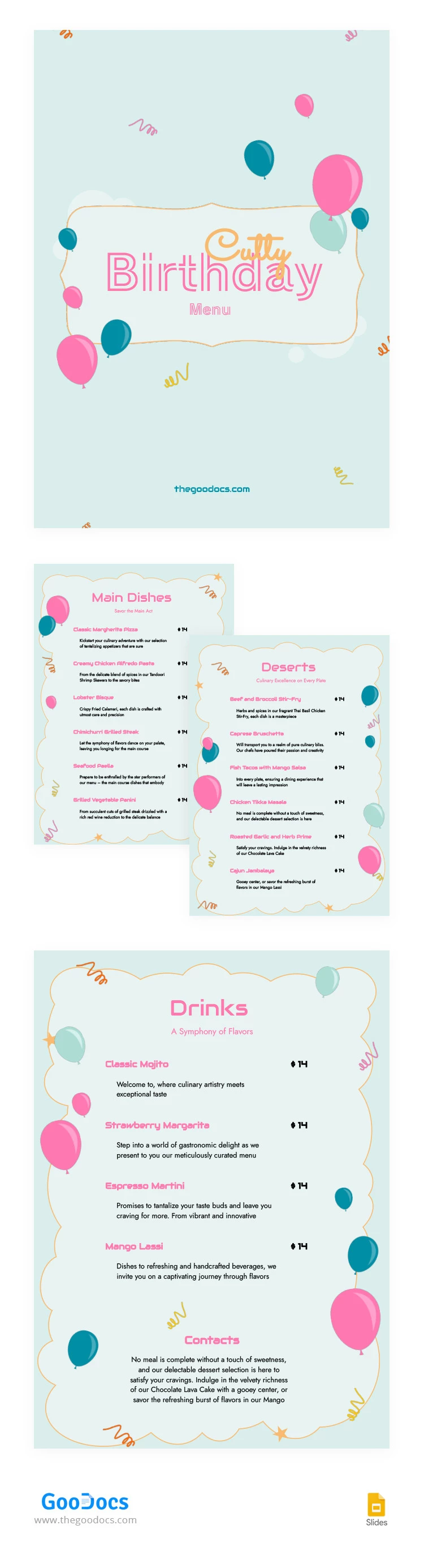 Niedliche Geburtstags-Restaurant-Speisekarte - free Google Docs Template - 10066241