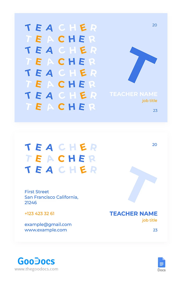 Cute Blue Teacher Business Card - free Google Docs Template - 10065671