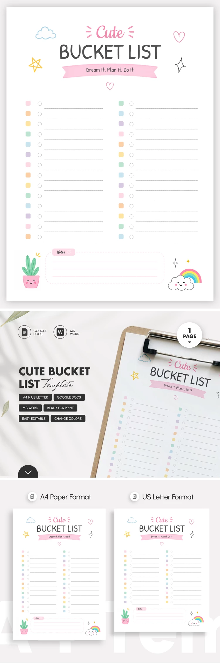 Preview of Cute Bucket List Template for Google Docs and Microsoft Word