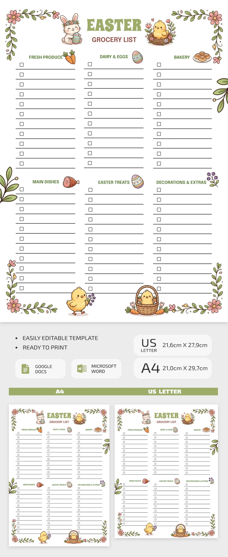 Preview of Cute Easter Grocery List Template for Google Docs and Microsoft Word