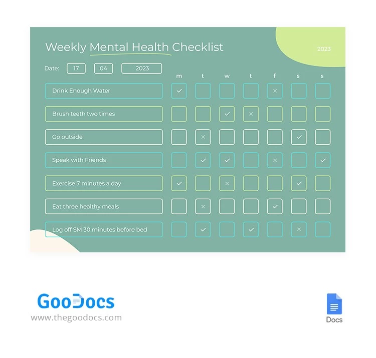 Cute Green Mental Health Checklist - free Google Docs Template - 10066140