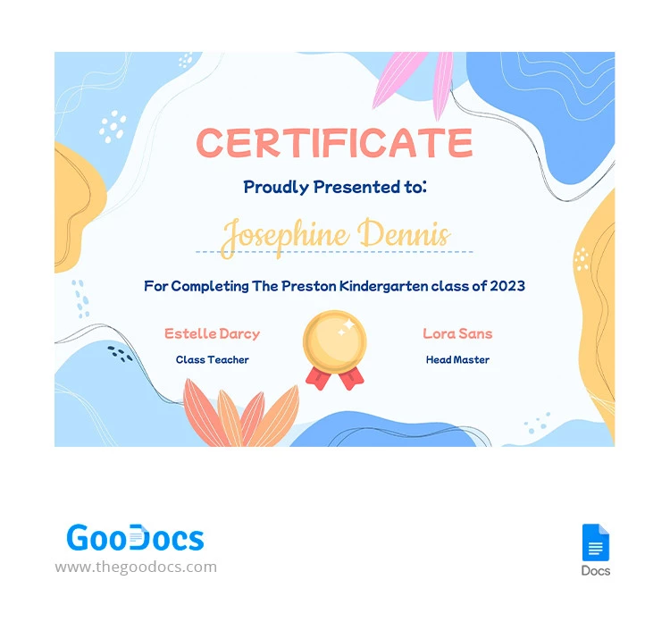 Cute Kindergarten Certificate - free Google Docs Template - 10065528