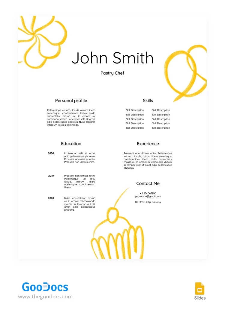 Mignon curriculum vitae de chef pâtissier minimaliste. - free Google Docs Template - 10066041