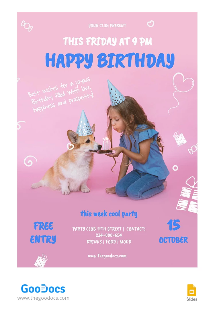 Affiche d'anniversaire mignonne rose et joyeuse - free Google Docs Template - 10066938