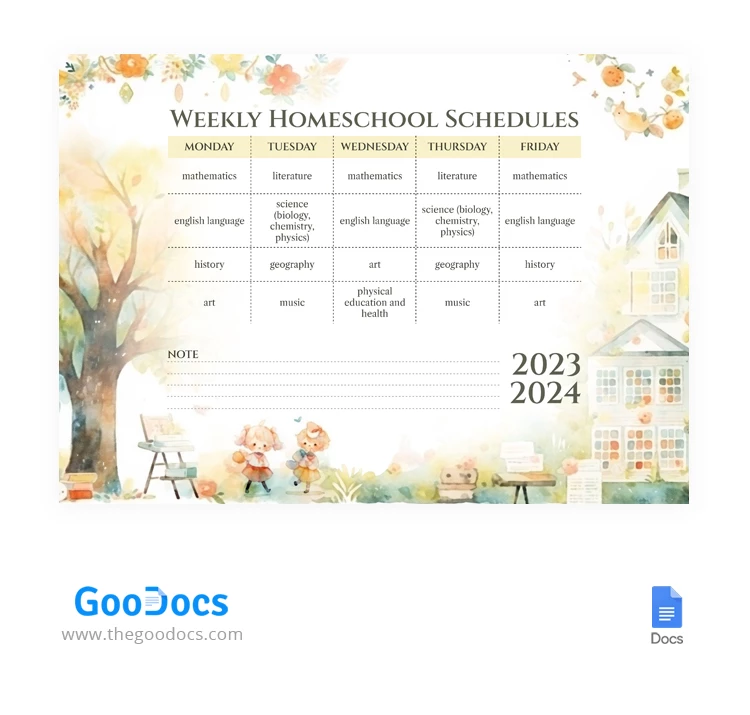Graziosi programmi settimanali per l'homeschooling aquarellati - free Google Docs Template - 10067409