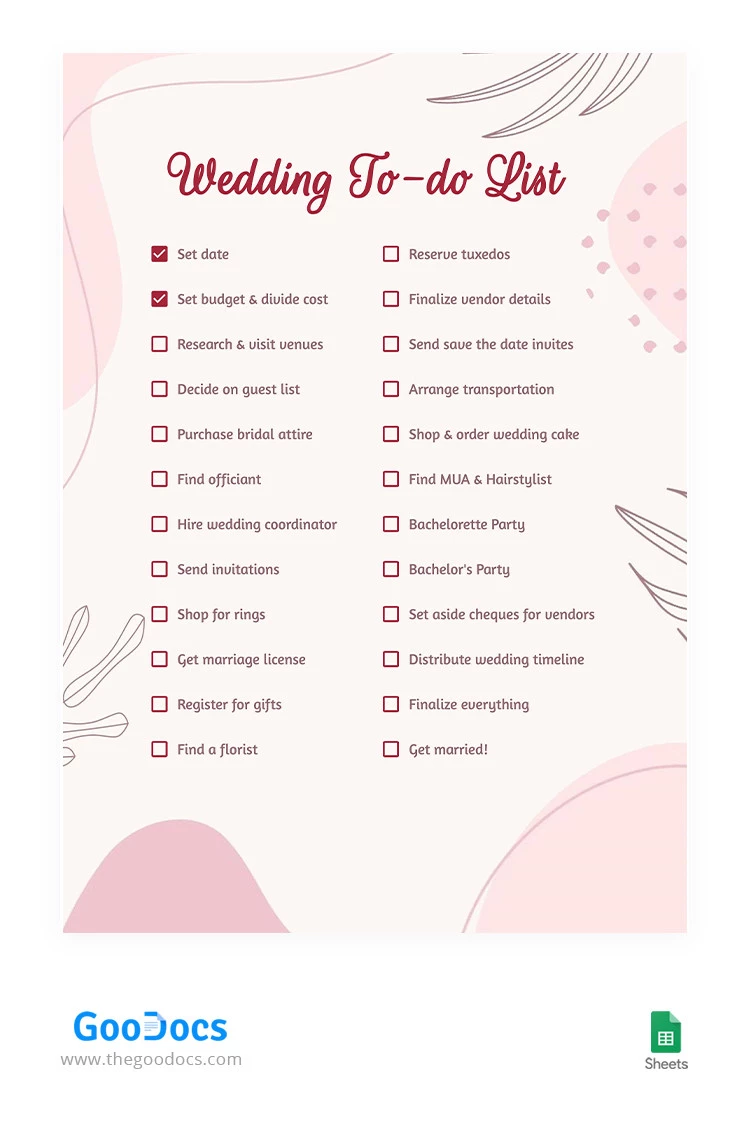 Carino elenco di cose da fare per il matrimonio. - free Google Docs Template - 10066233