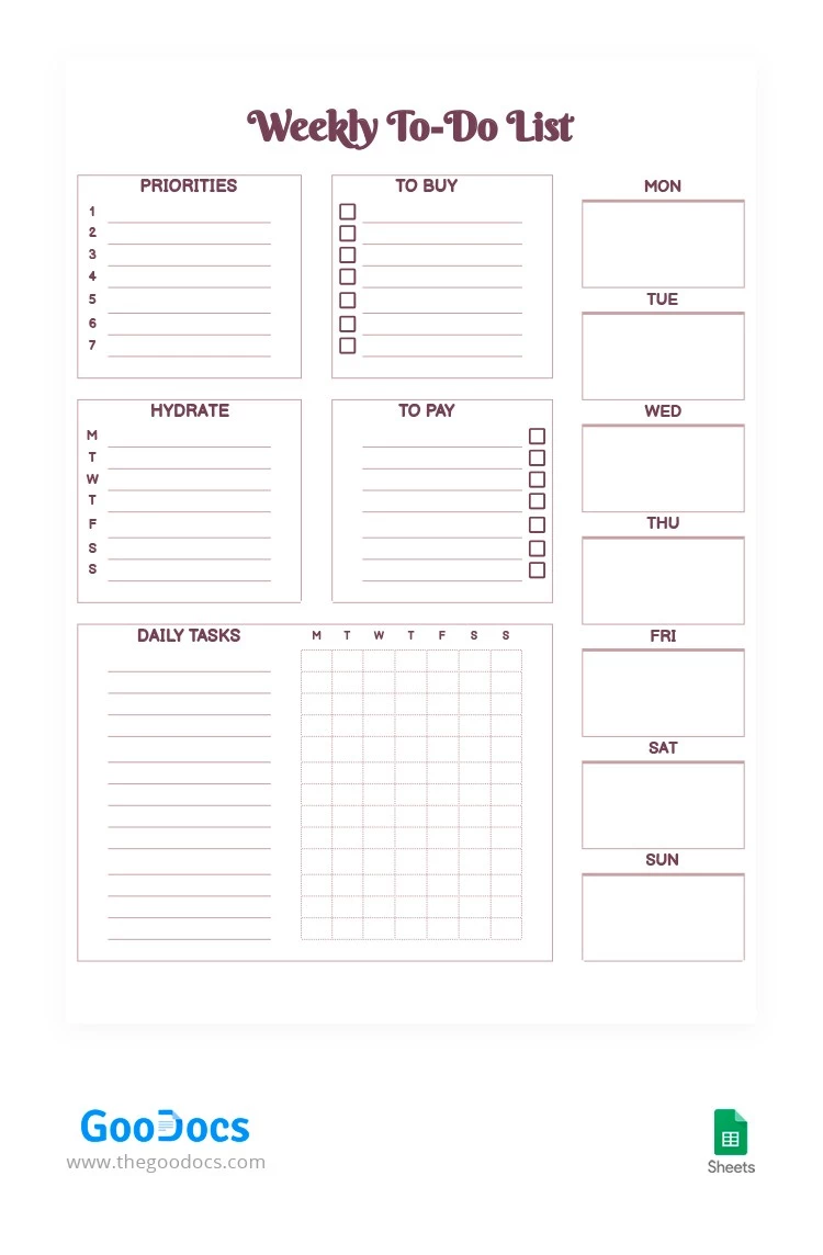 Mignon Liste de tâches hebdomadaire - free Google Docs Template - 10062194