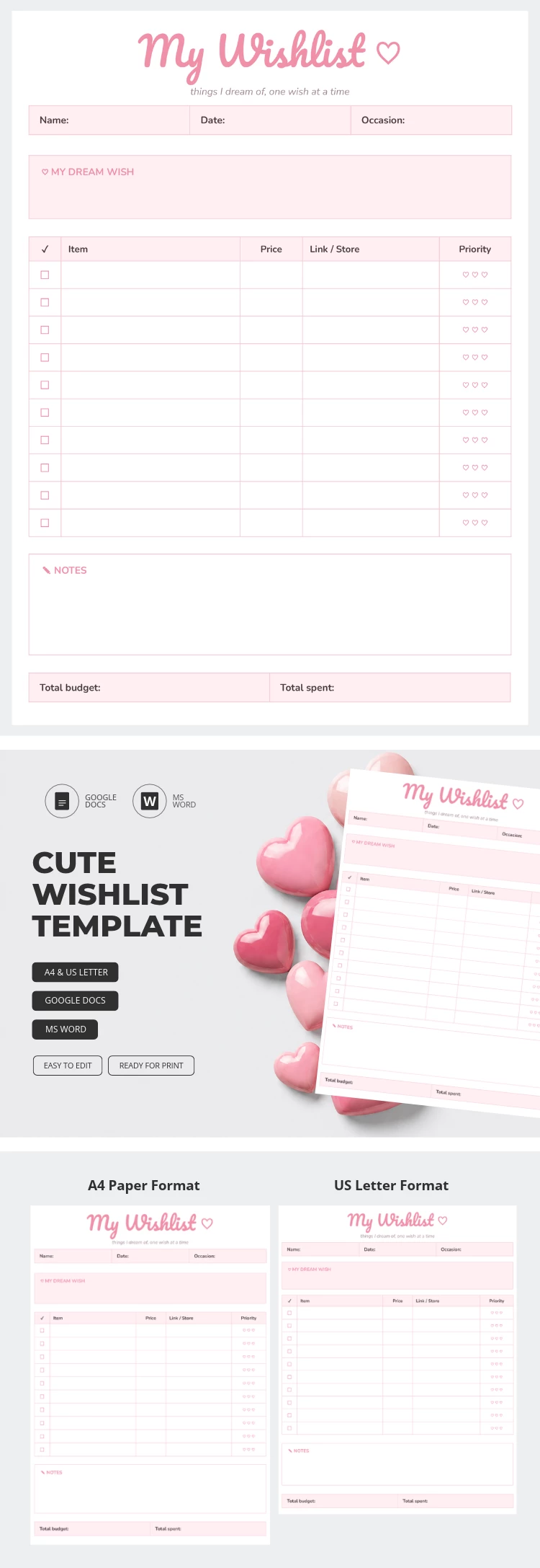 Preview of Cute Wishlist for Google Docs and Microsoft Word