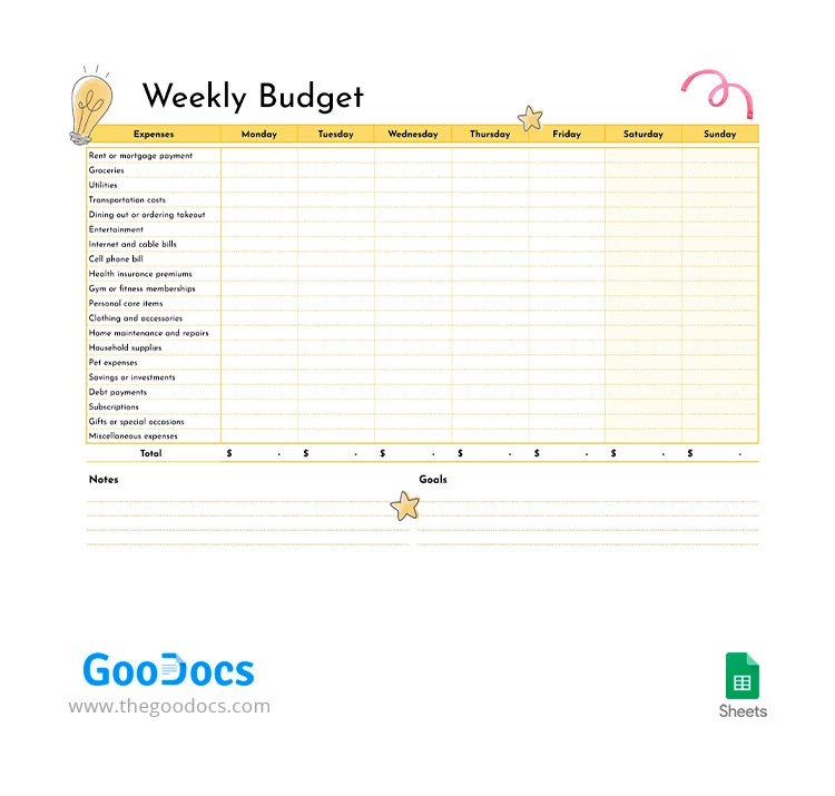 Orçamento Semanal Fofo Amarelo - free Google Docs Template - 10066398