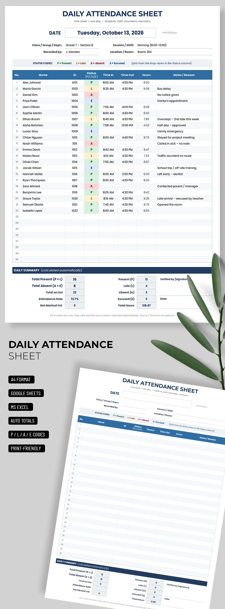 Anteprima di Modello di scheda presenze giornaliera per Google Sheets and Microsoft Excel