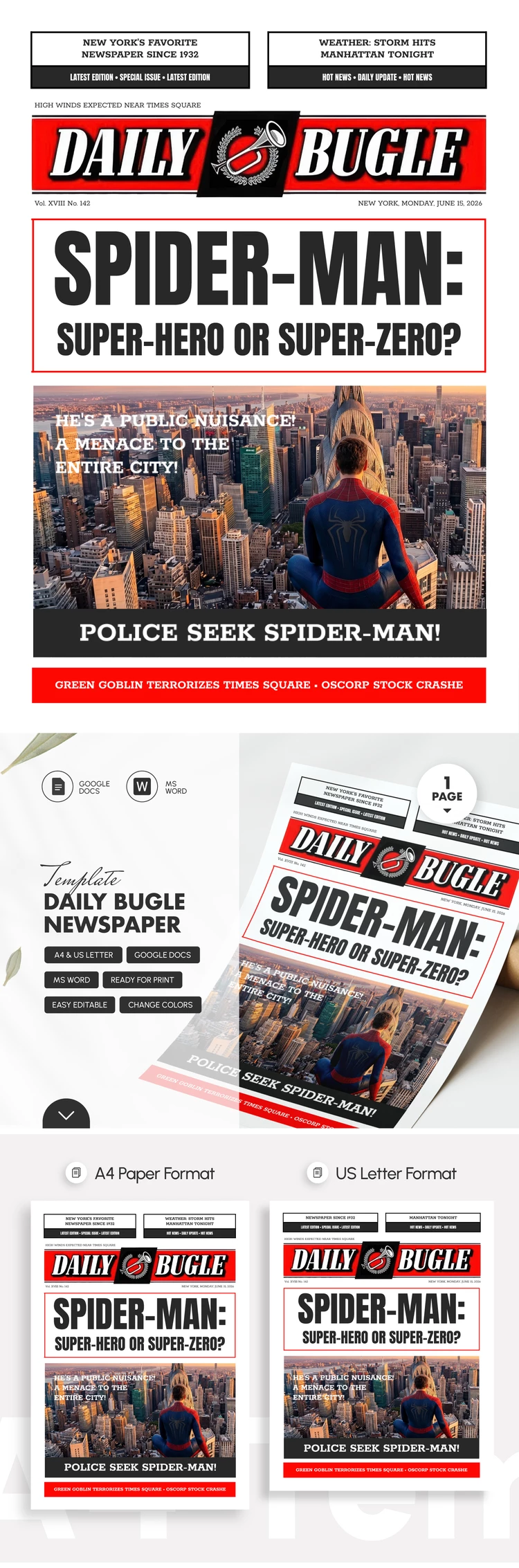 Preview of Daily Bugle Newspaper Template for Google Docs and Microsoft Word