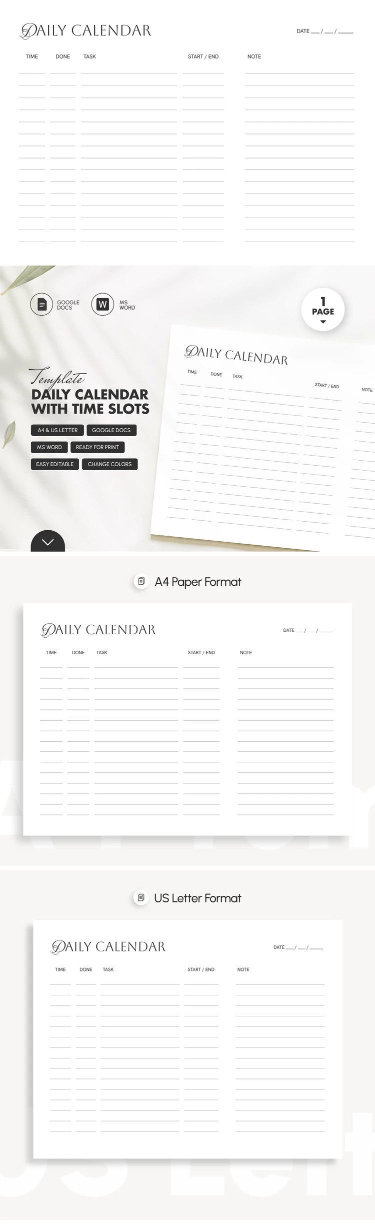 Preview of Daily Calendar Template with Time Slots for Google Docs and Microsoft Word